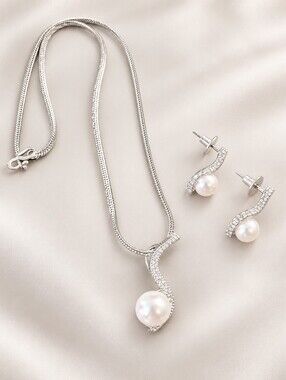 Silver American Diamond Pearl Necklace & Earrings Set for Party & Prom